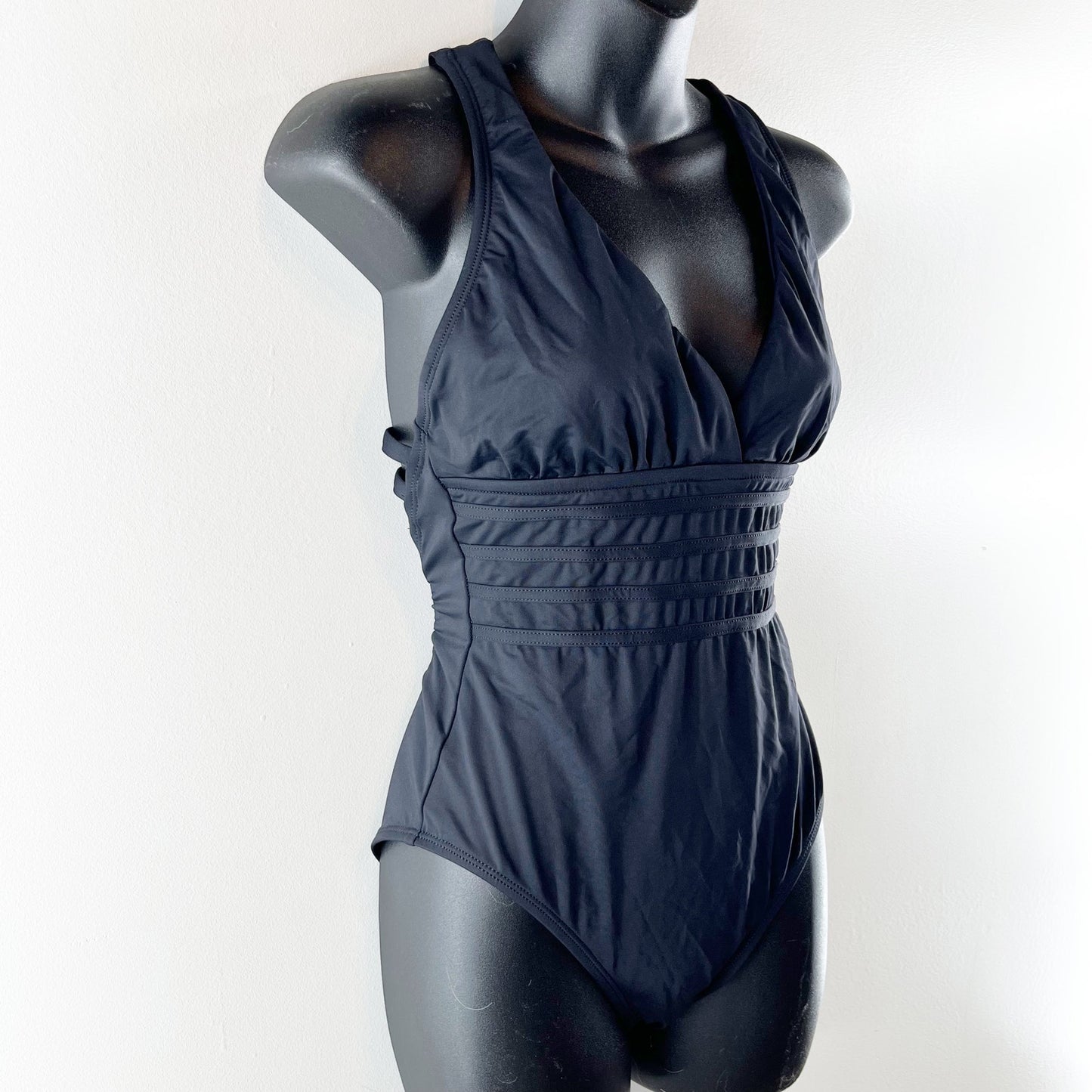 LA Blanca Plunge Front X Criss Cross Strappy Back One Piece Bathing Suit Black 8