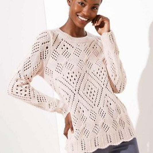LOFT Pointelle Knit Long Sleeve Crewneck Sweater Pink XL