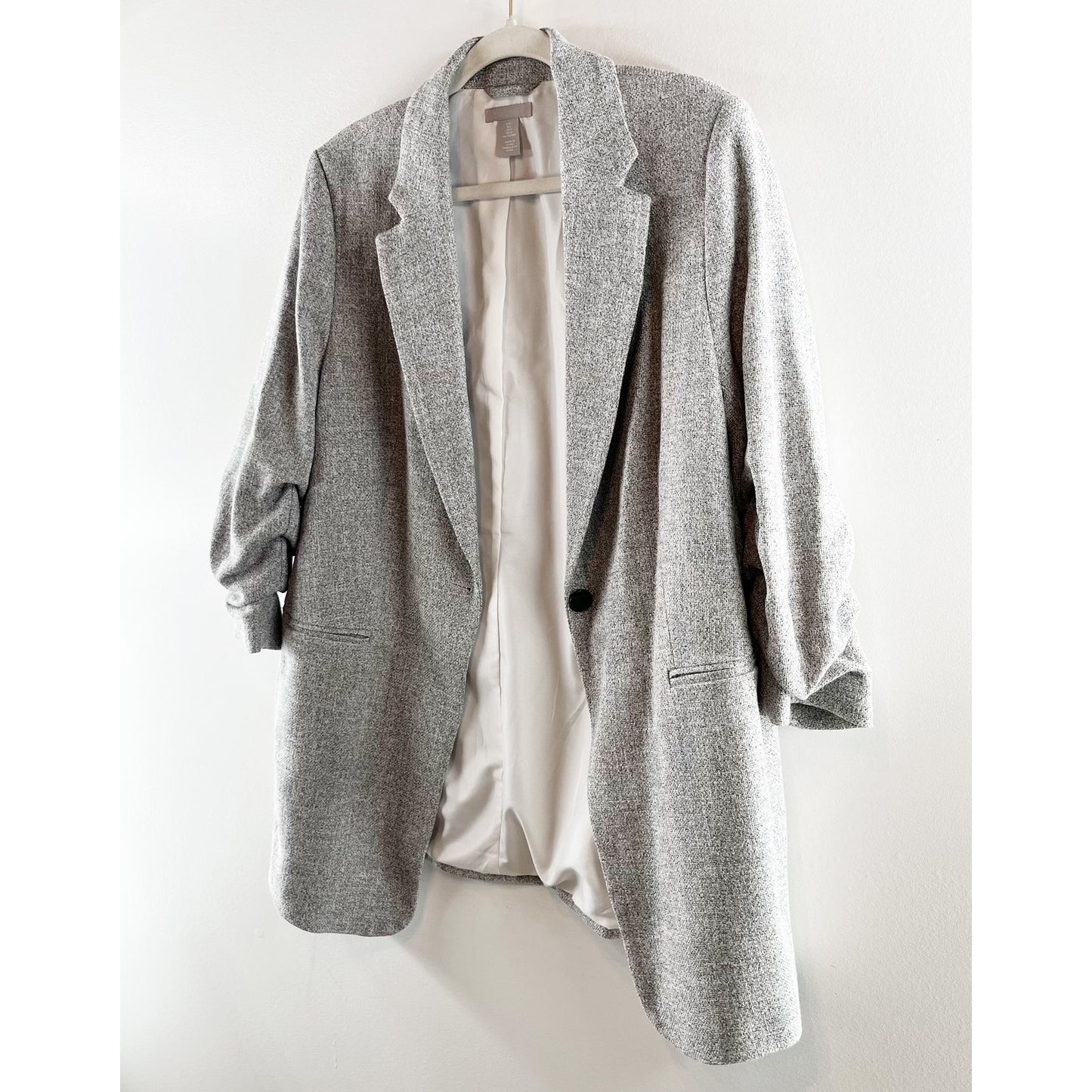 H&M Gathered 3/4 Sleeve Single Button Blazer Jacket Gray Large