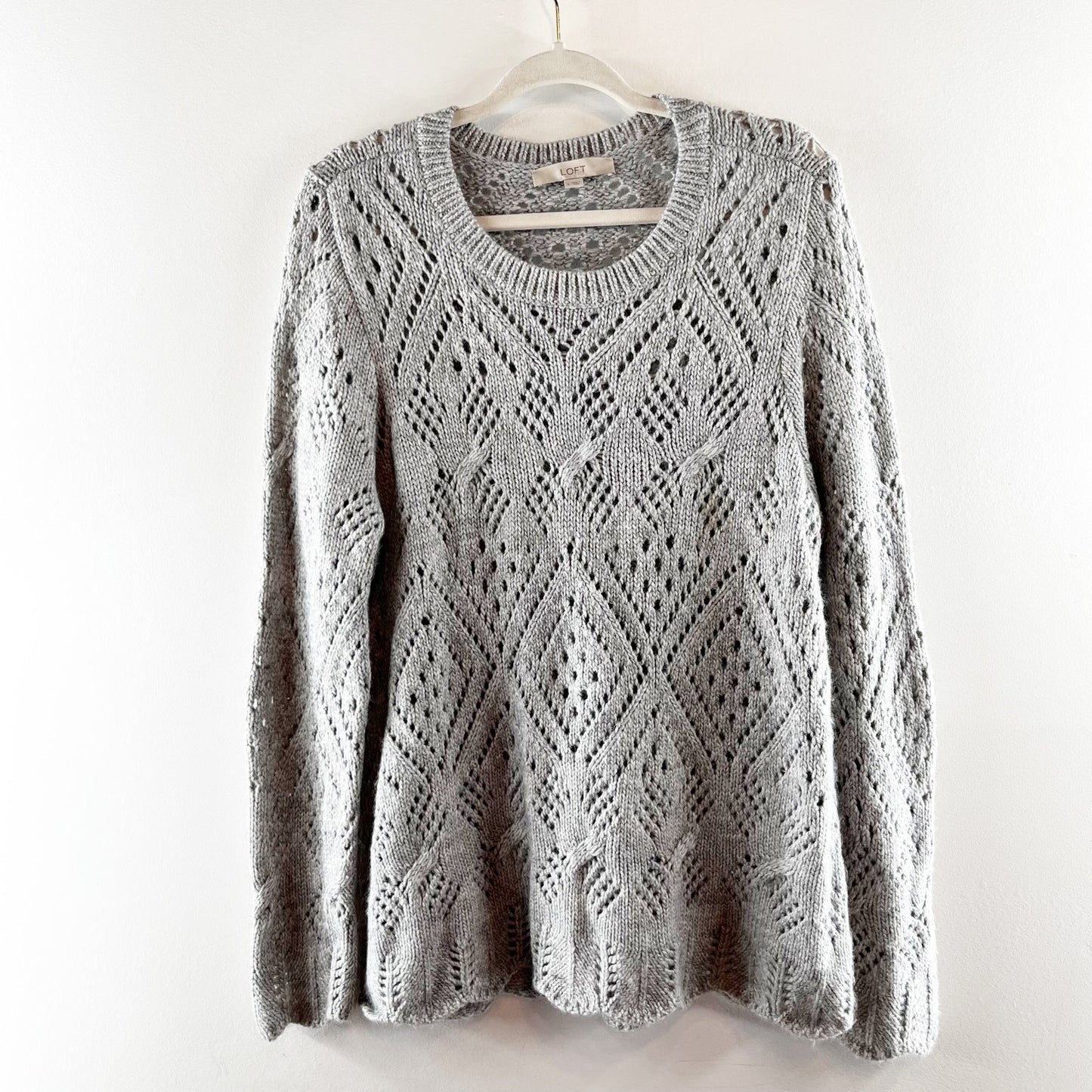 LOFT Pointelle Knit Long Sleeve Crewneck Sweater Gray Large