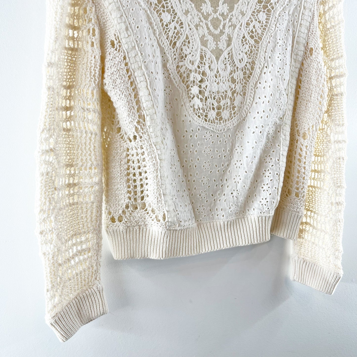 Free People Cotton Crochet Long Sleeve Crewneck Sweater Ivory Large