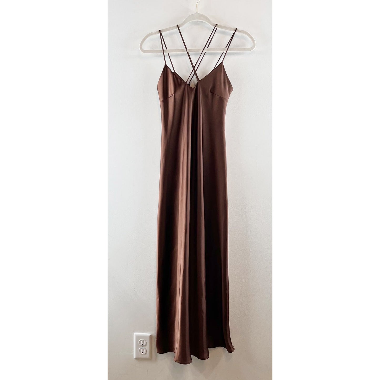 Zara Satin Sleeveless V-Neck Spaghetti Strappy Slip Midi Dress Dark Brown XS