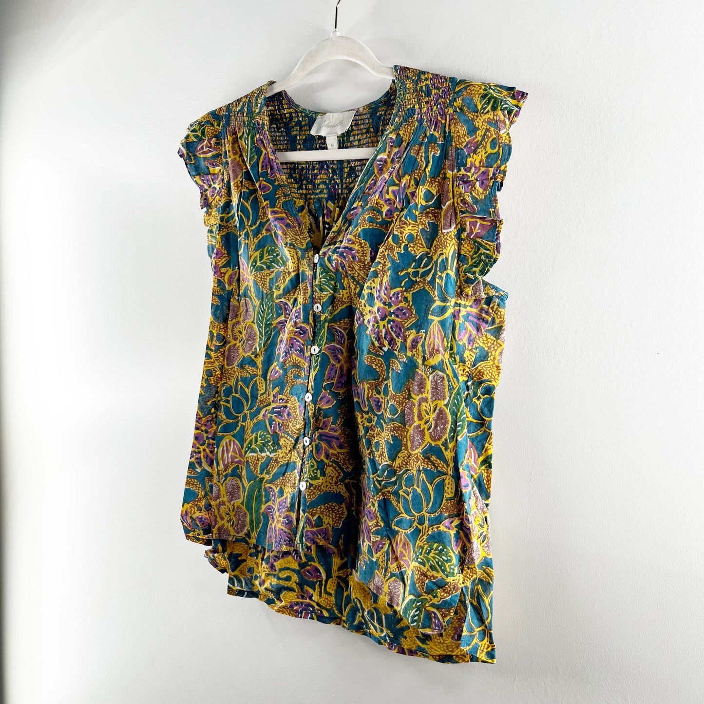 Cleobella Floral Button Up Cotton Chloe Shirt Top Blouse Green Yellow Medium