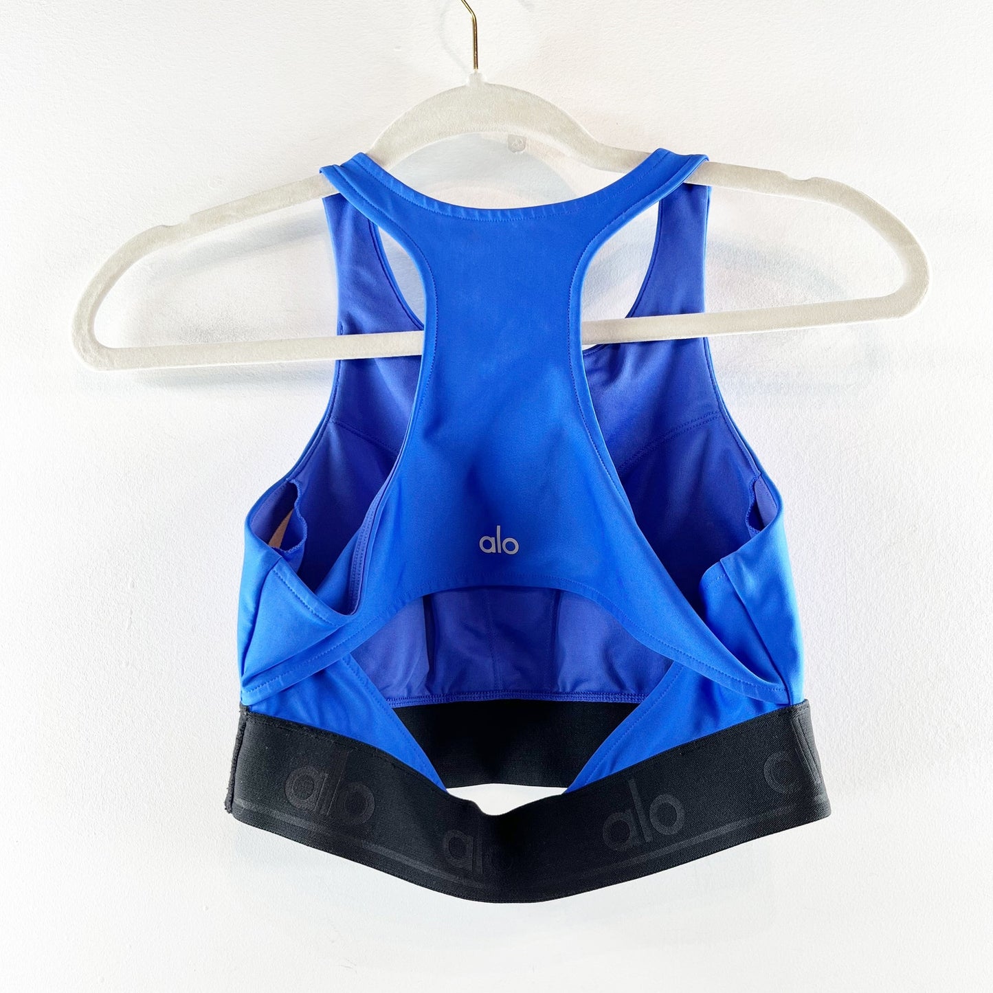 Alo Yoga Airlift Suit Up Sports Bra High Neck Cutout Black Logo Band Blue Small
