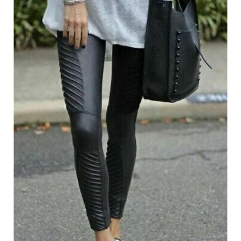 SPANX Shiny Faux Leather Slim Fit Pull On Mid Rise Moto Leggings Black Small