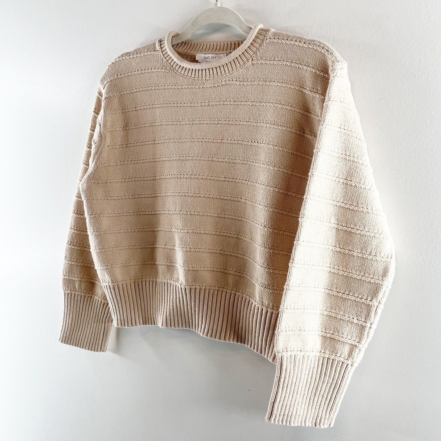 BRIT NY Long Sleeve Pointelle Neck Rib Knit Pullover Sweater Oatmeal Medium