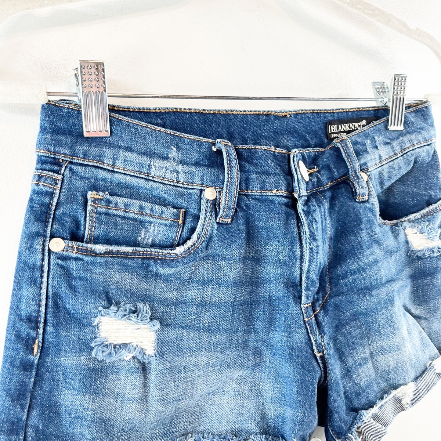 Blank NYC The Fulton Distressed Cutoff Mid Rise Jean Shorts Blue 25