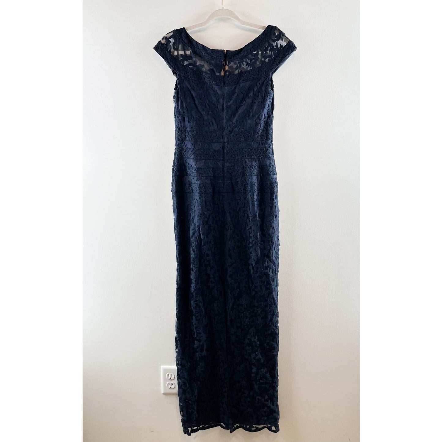 Tadashi Shoji Embroidered Banded Lace Maxi Length Gown Dress Navy Blue 4