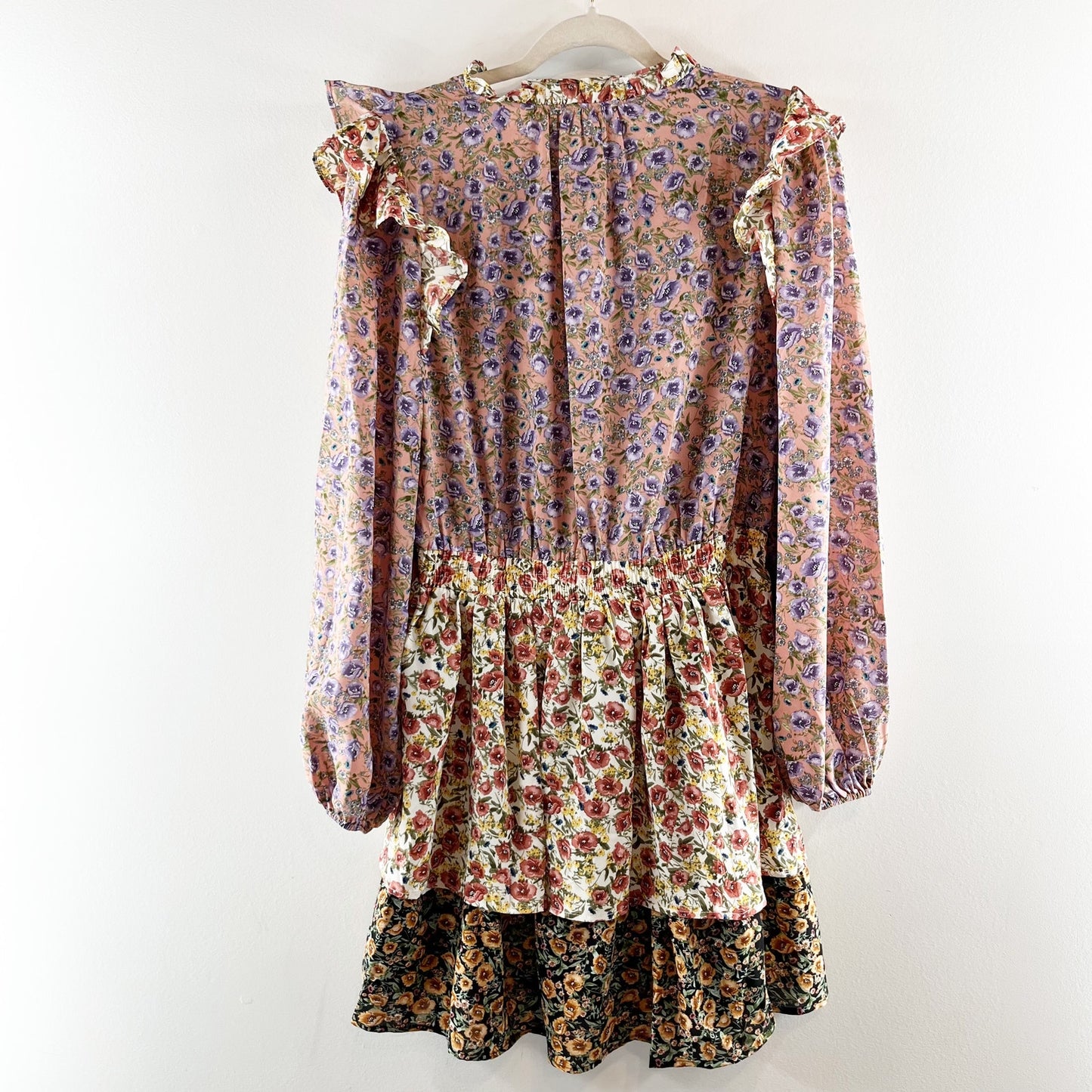 Free The Roses Long Sleeve Floral Tiered Ruffle Mini Dress Purple Cream Medium