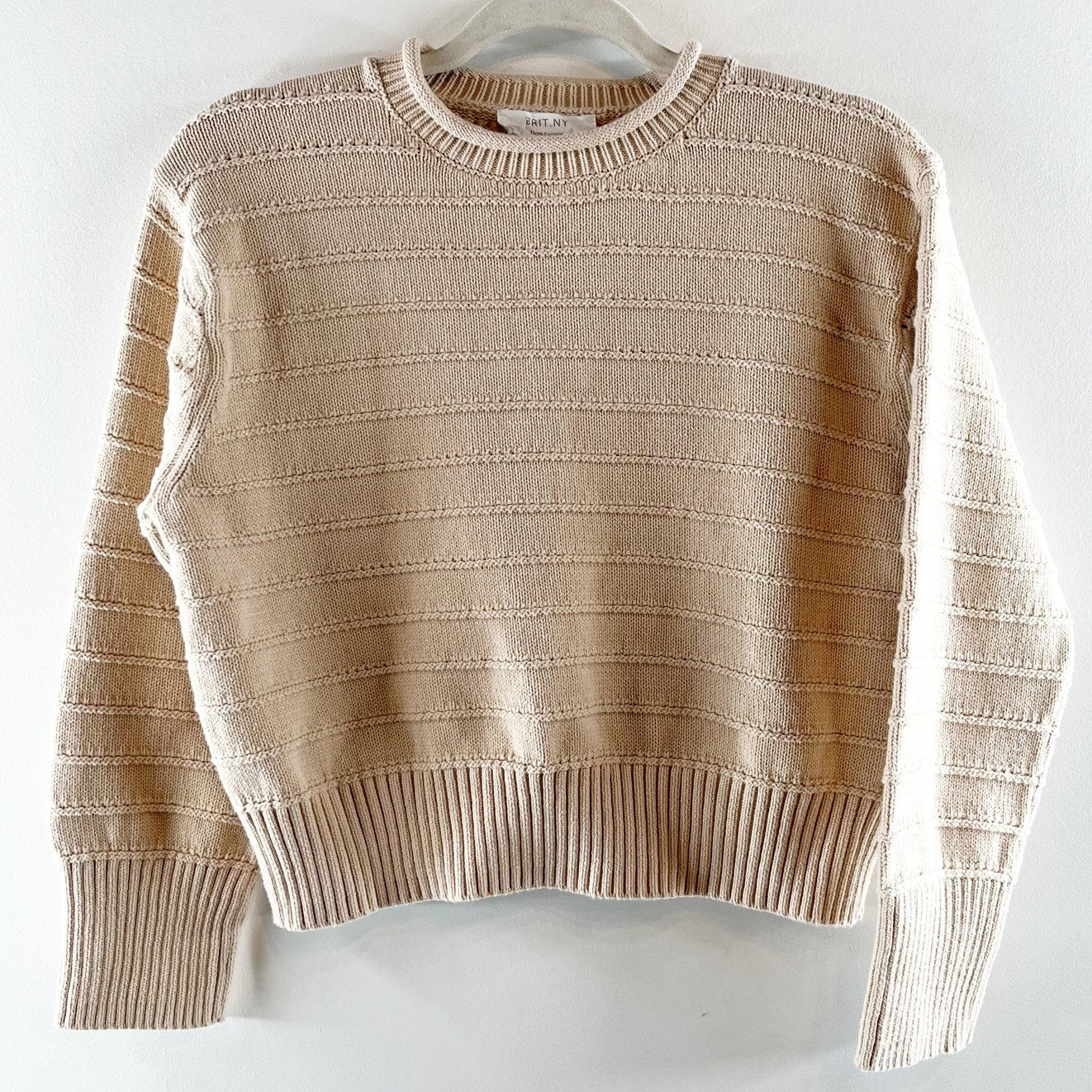 BRIT NY Long Sleeve Pointelle Neck Rib Knit Pullover Sweater Oatmeal Medium