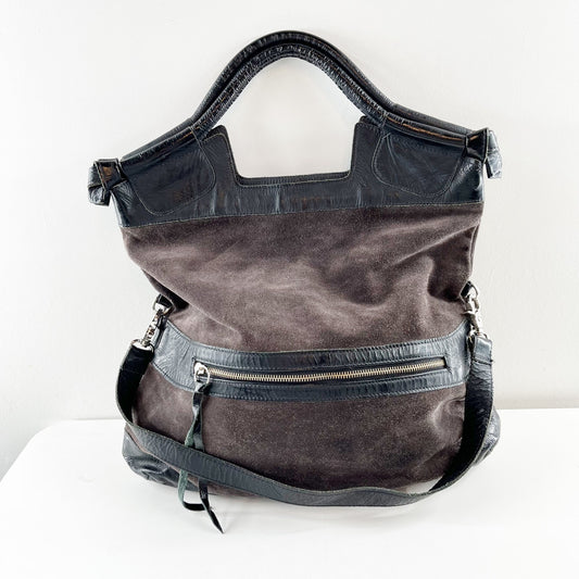 Foley + Corinna Fold Over Purse Handbag Brown Suede & Black Patent