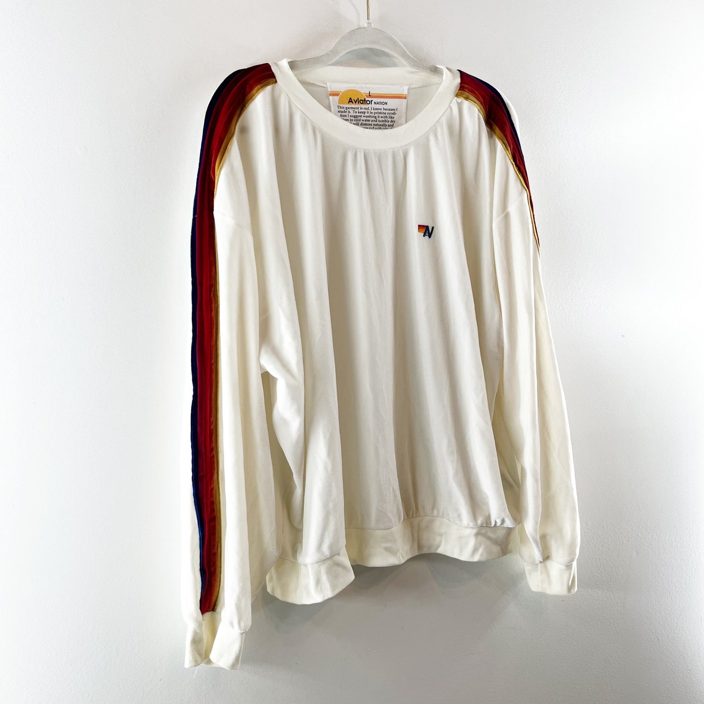 Aviator Nation Crewneck Stripe Velvet Velour Pullover Sweatshirt White Large