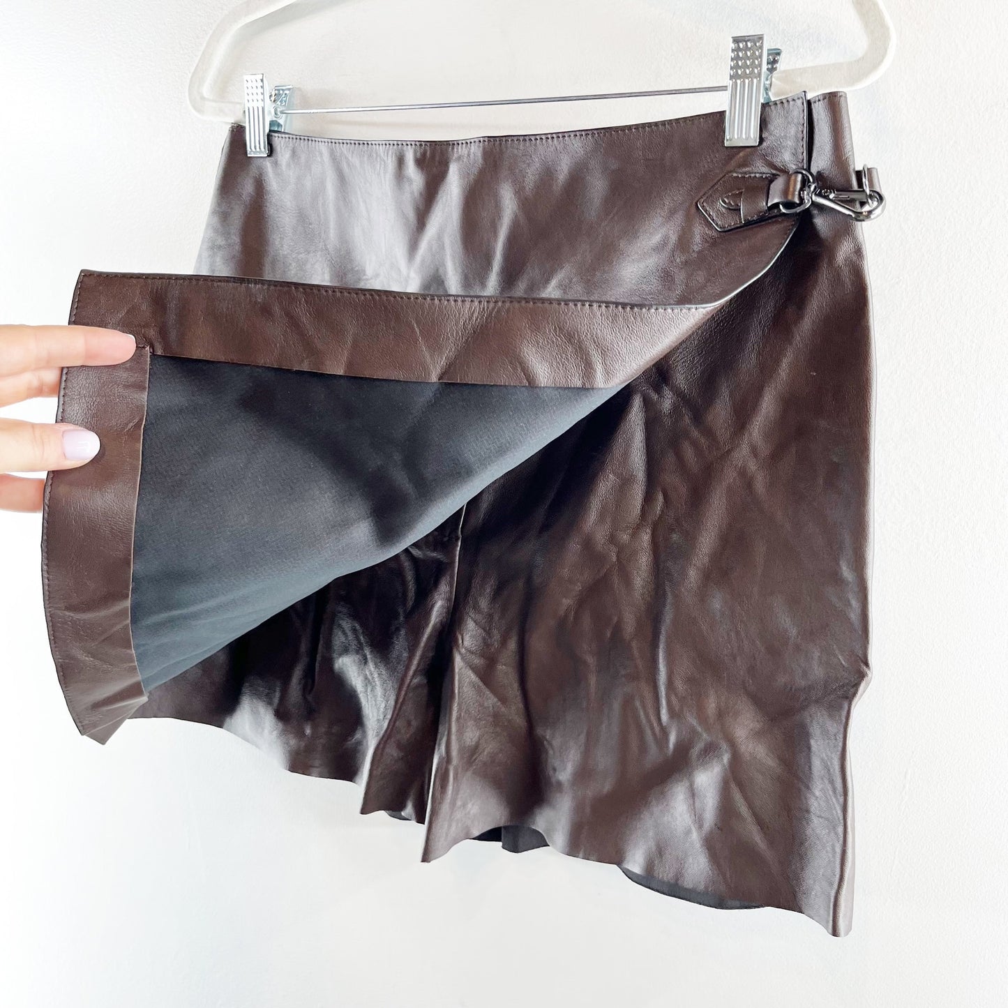 Massimo Dutti Nappa Leather Wrap Mini Skirt Skort Brown Large
