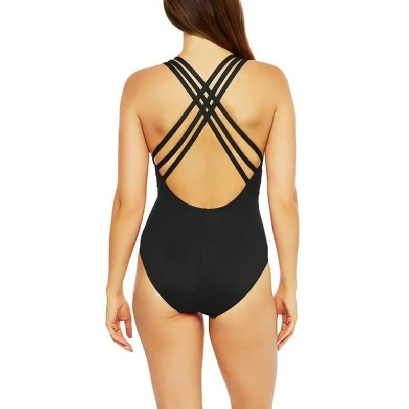 LA Blanca Plunge Front X Criss Cross Strappy Back One Piece Bathing Suit Black 8