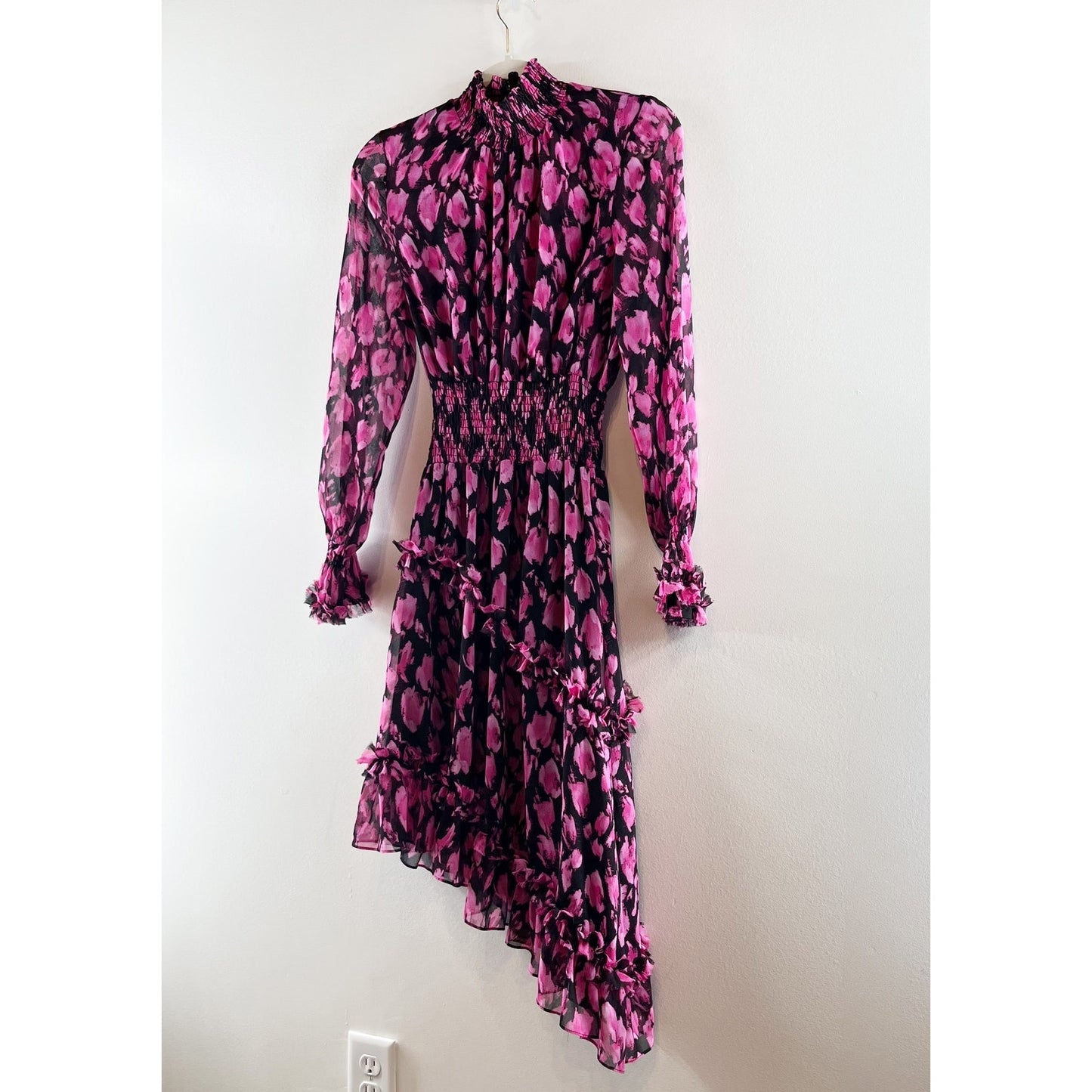 MISA Los Angeles Lupita Long Sleeve Asymmetrical Floral Mock Neck Dress Pink XS