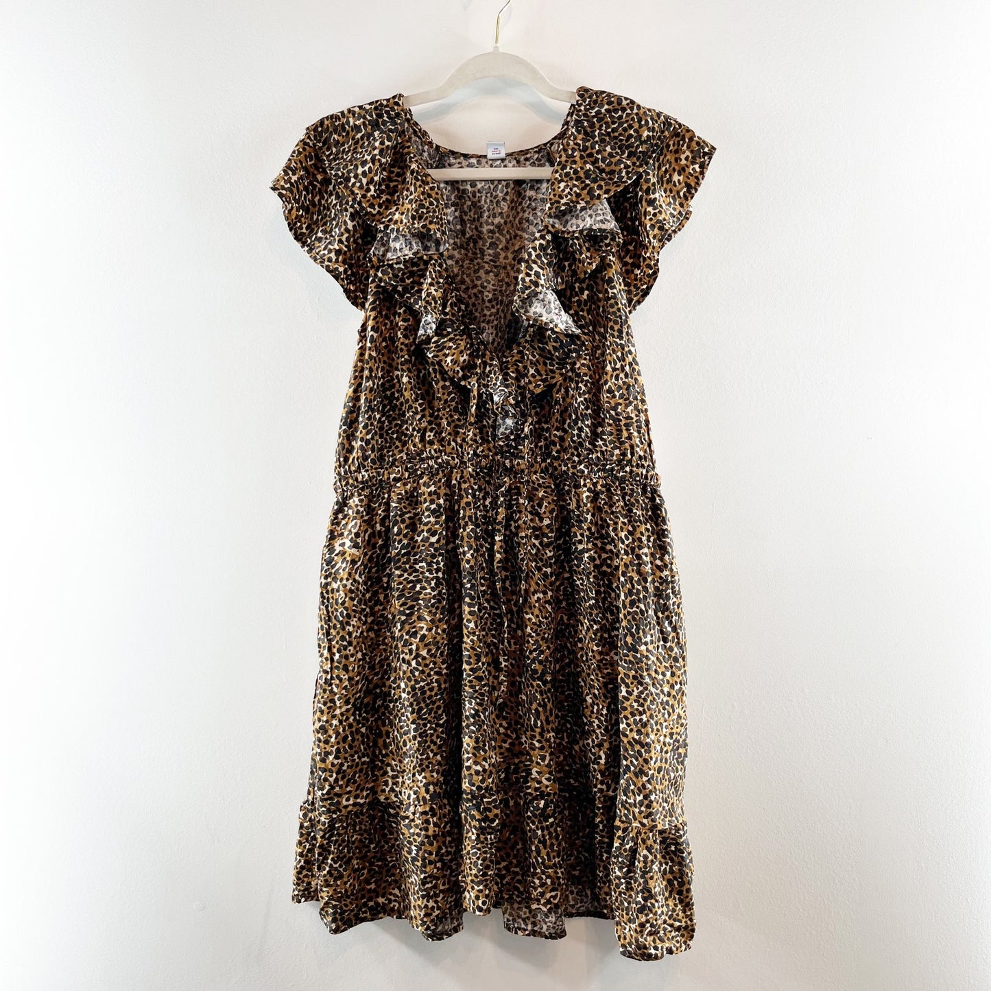 Old Navy Waist Defined Ruffle Trim Mini Dress Leopard Wild Spots Brown Large