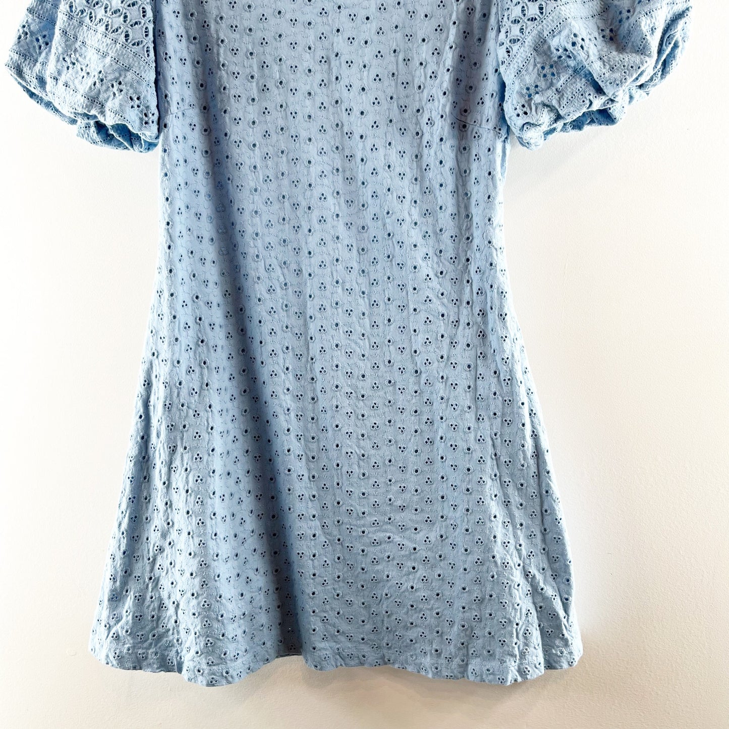 Free People Apricot Rose Puff Short Sleeve Eyelet Lace Mini Dress Blue Large