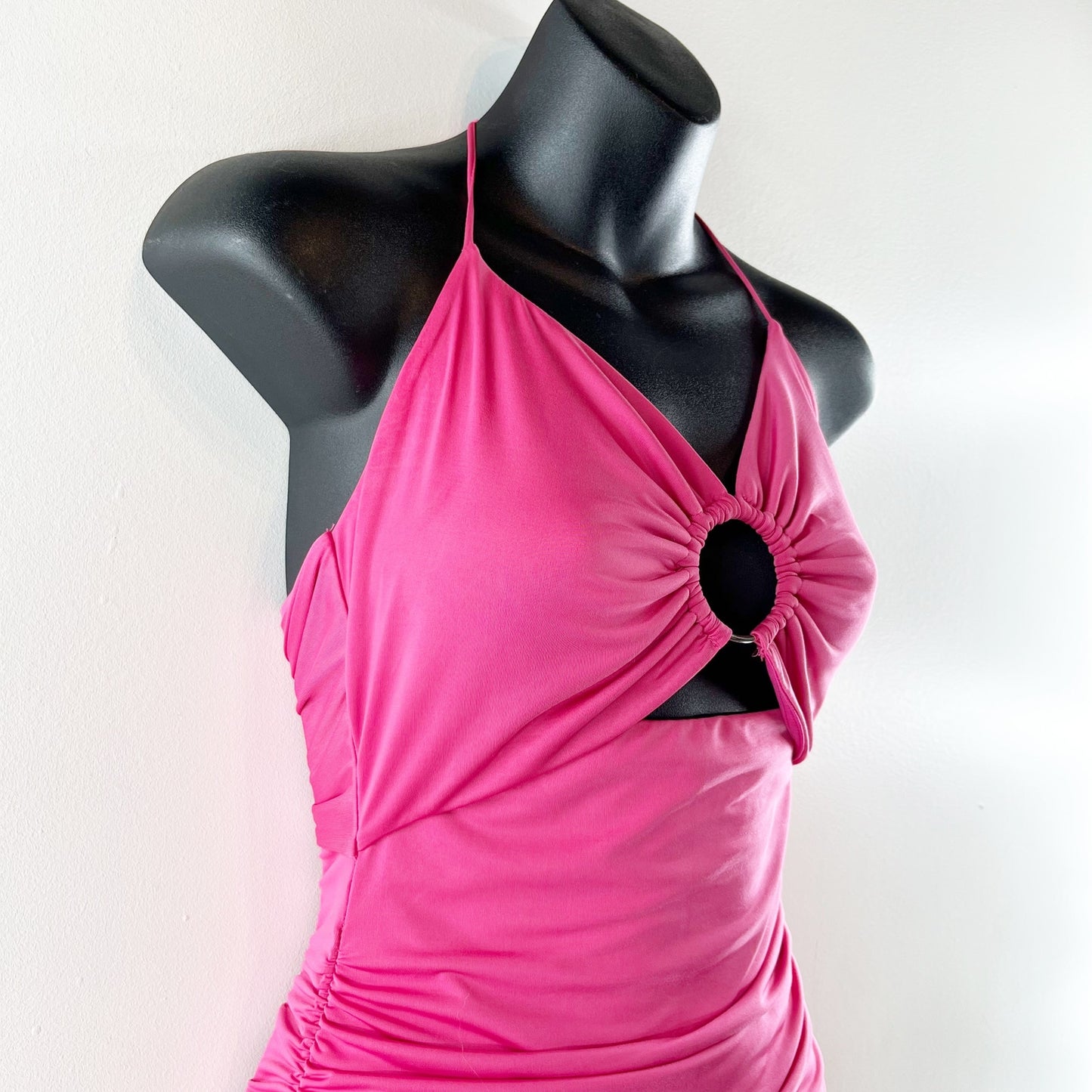 Lucy In The Sky Ruched Halter Key Ring Cutout Bodycon Mini Dress Pink Small