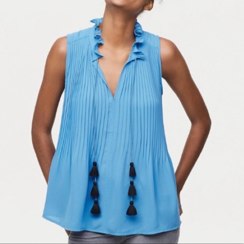 LOFT Pleated Ruffle Neck Sleeveless Tassel Blouse Tank Top Blue Small