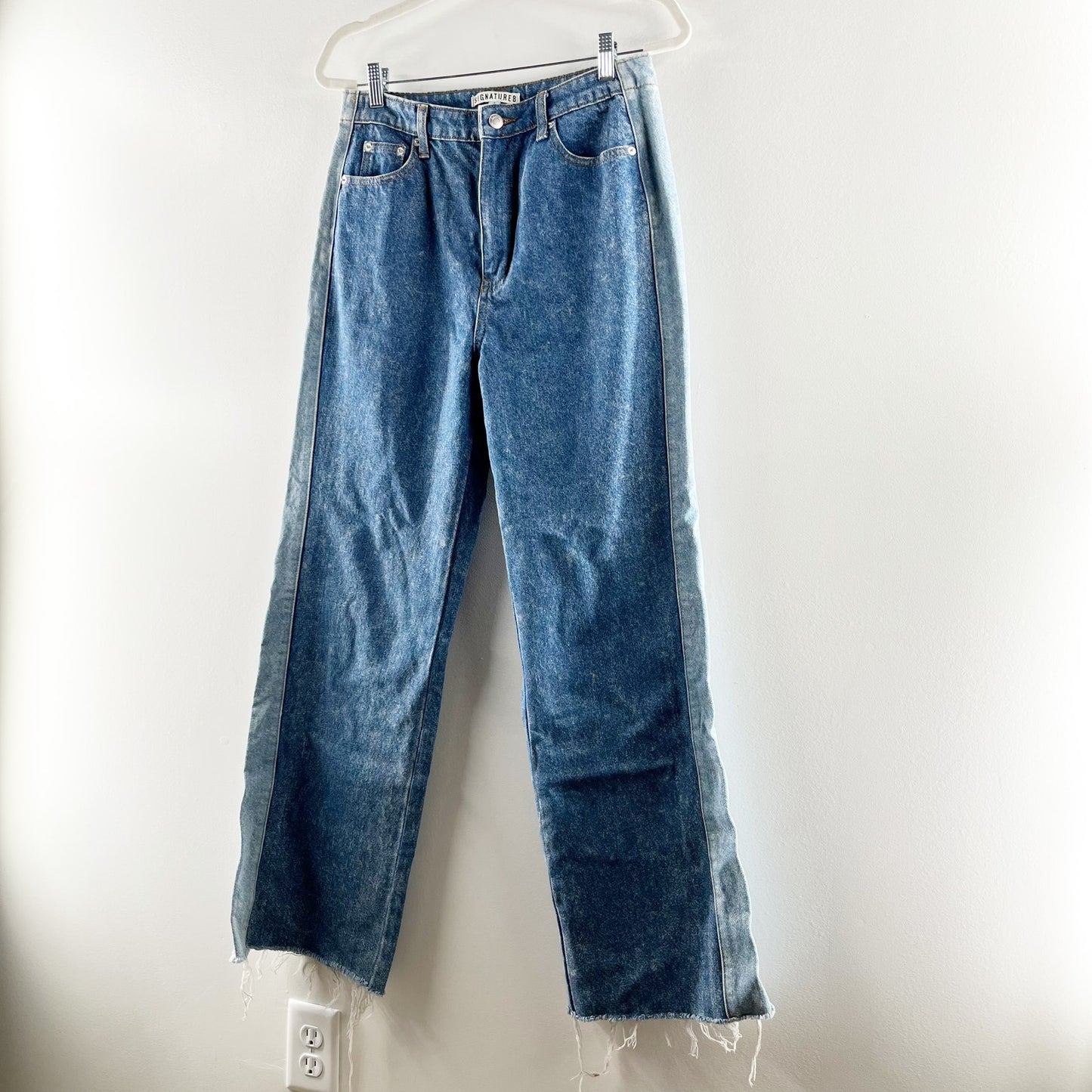 Signature 8 Two-Tone Cotton High Waisted Straight Leg Jeans Blue Large