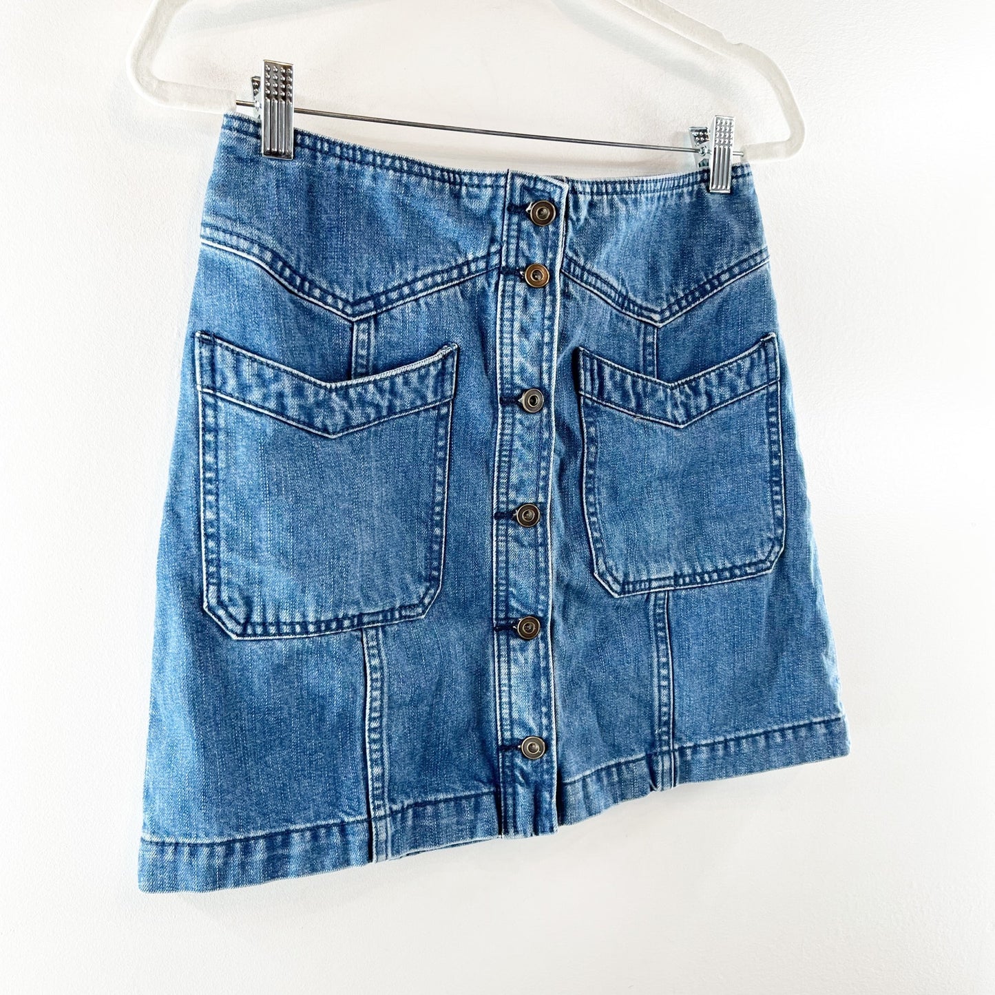 Free People Come a Little Closer Denim Mini Button Up Mini Skirt Blue 4