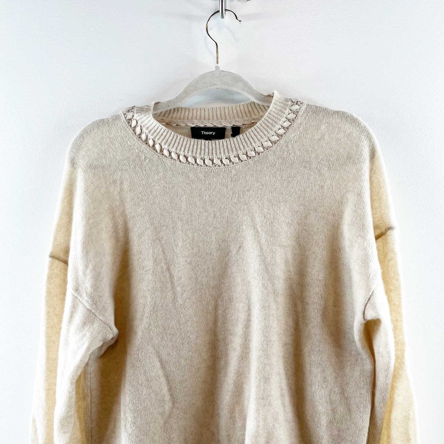 Theory Ribbon Trim Long Sleeve Roll Hem Cashmere Sweater Tan Large
