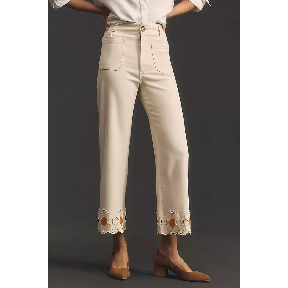 Maeve Anthropologie Colette High Rise Denim Cropped Wide Leg Jeans Cream 28