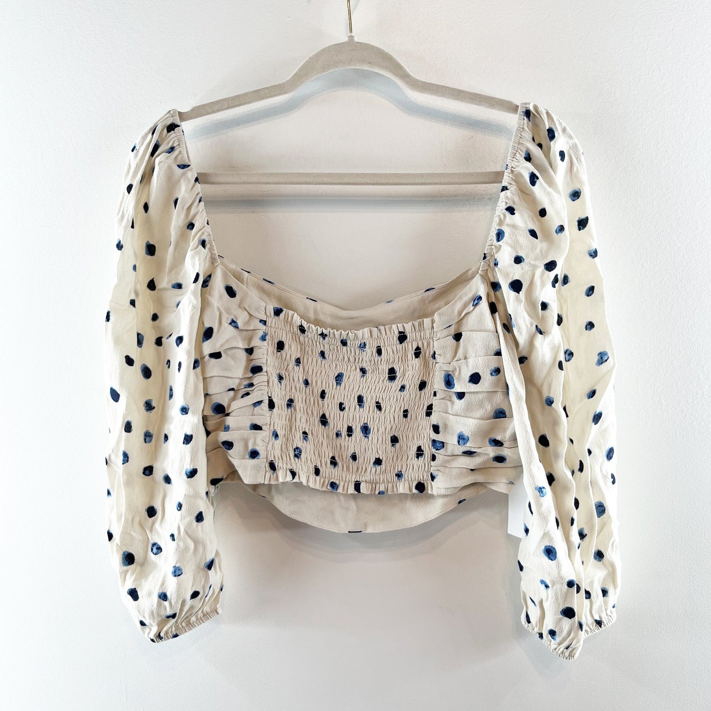 Wilfred Puff Sleeve Polka Dot Crop Lolita Blouse Birch Classic Navy Large NWT