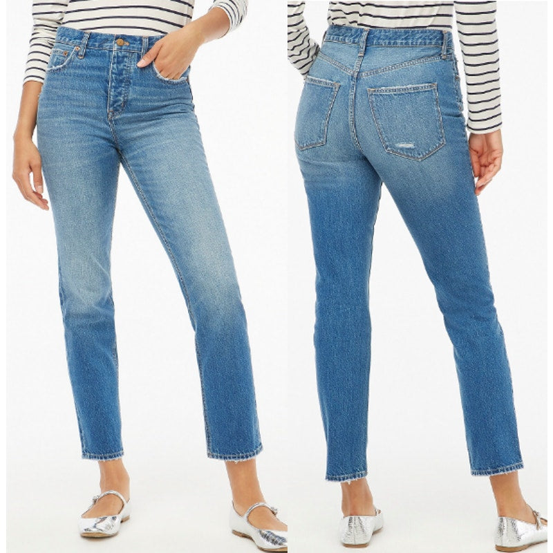 J. Crew Button Fly High Rise Straight Leg Jeans Blue Fleur Wash Blue 25 / 0
