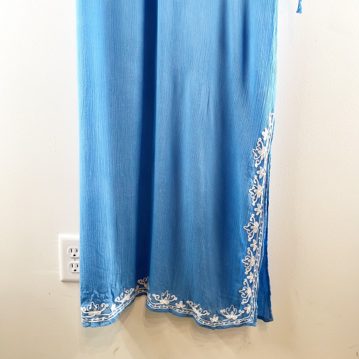 Rise and Bloom Embroidered Long Sleeve Tie Neck Maxi Dress Blue Medium