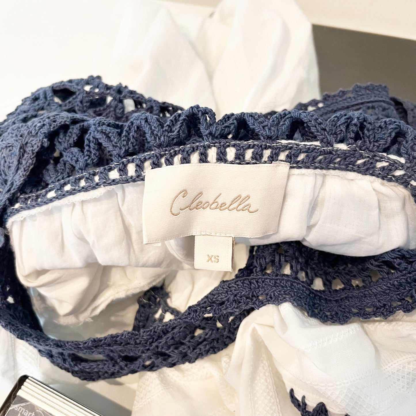 Cleobella Navi Organic Cotton Crochet Trim Puff Sleeve Blouse Top White Navy XS