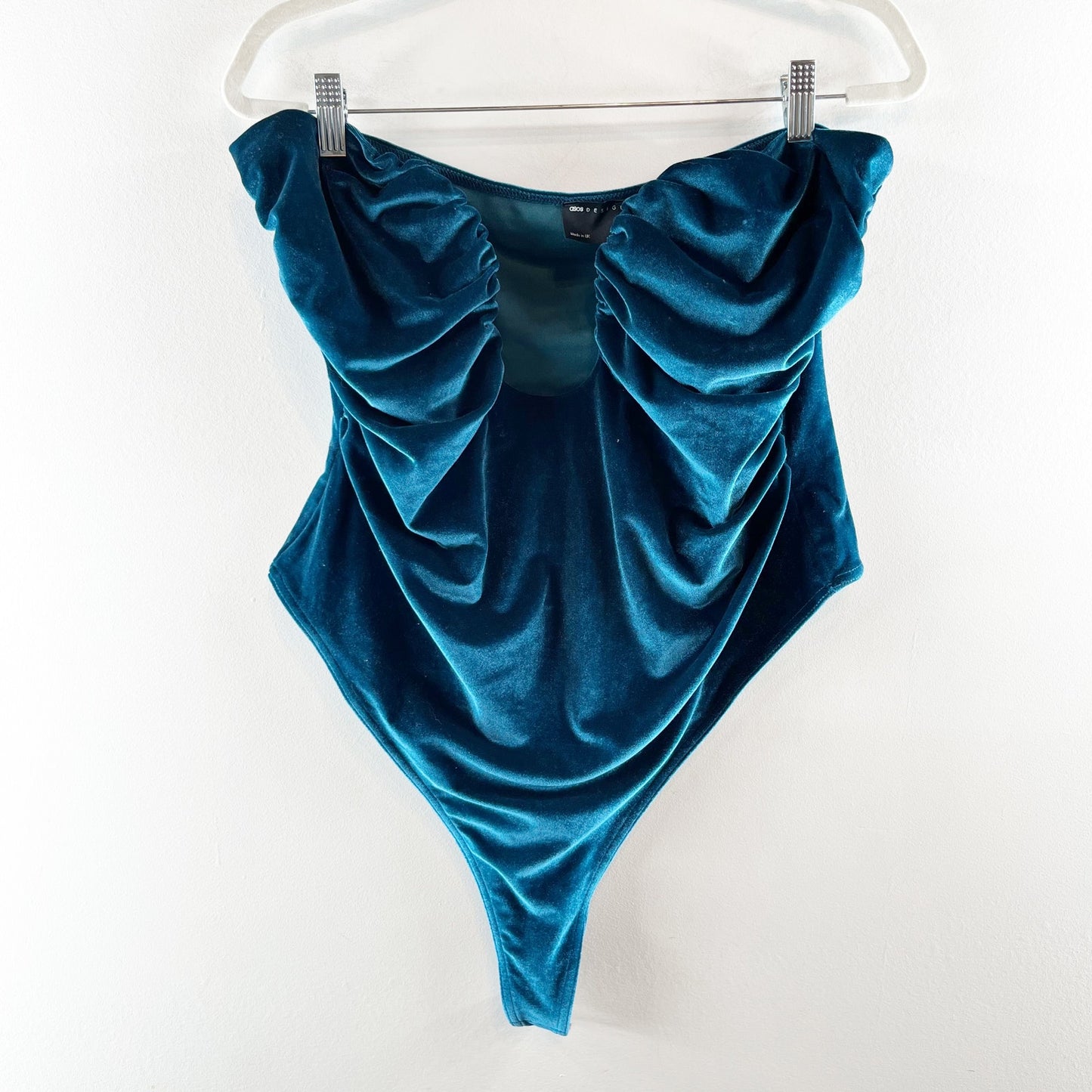 ASOS Design Plunge Strapless Velvet Bodysuit Teal Blue 14