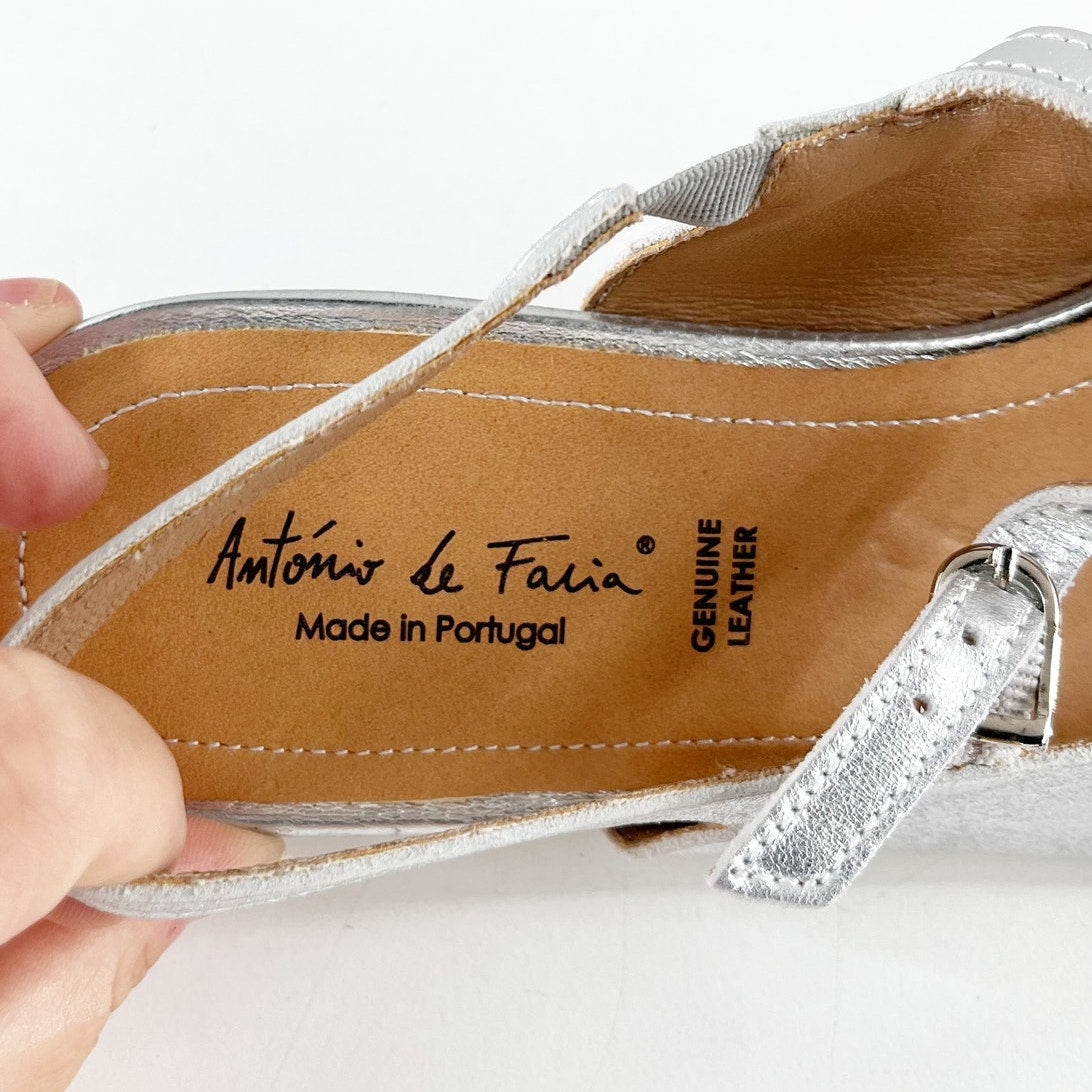 Antonio De Faria Anna Leather Slingback Mary Jane Pointed Toe Flats Silver 9