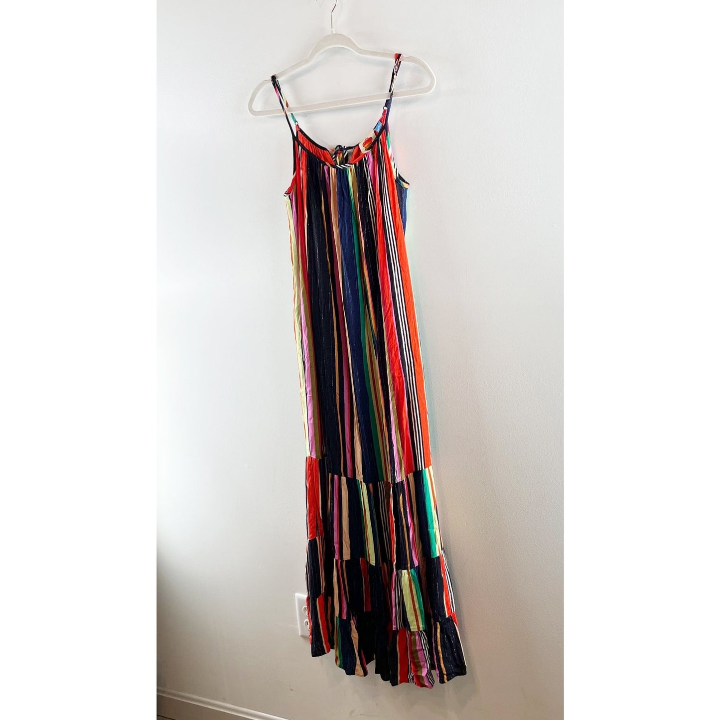 Farm Rio Rainbow Shimmer Striped Sleeveless Tiered Maxi Dress Small