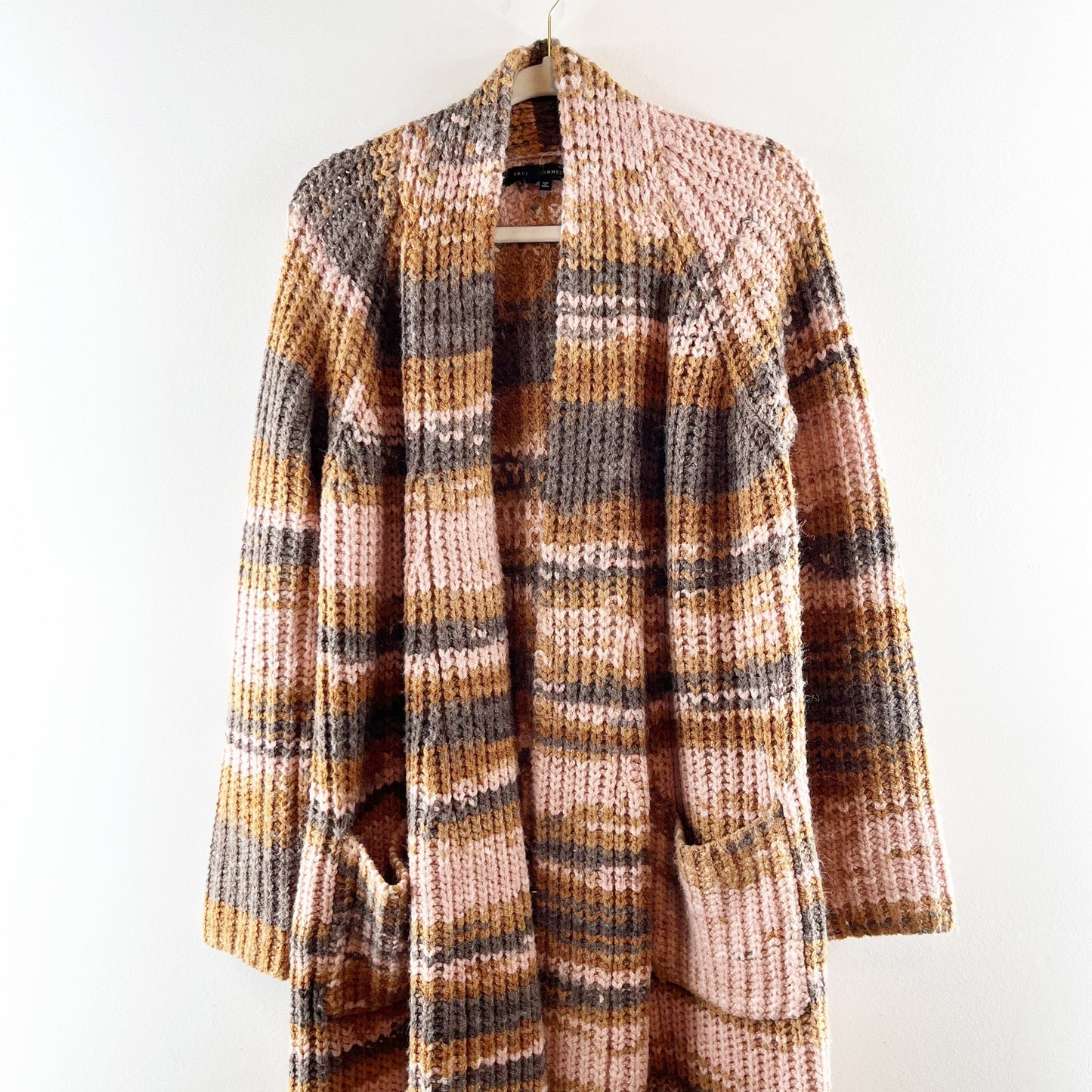 Skull Cashmere Open Striped Chunky Duster Cardigan Sweater Brown Pink Medium