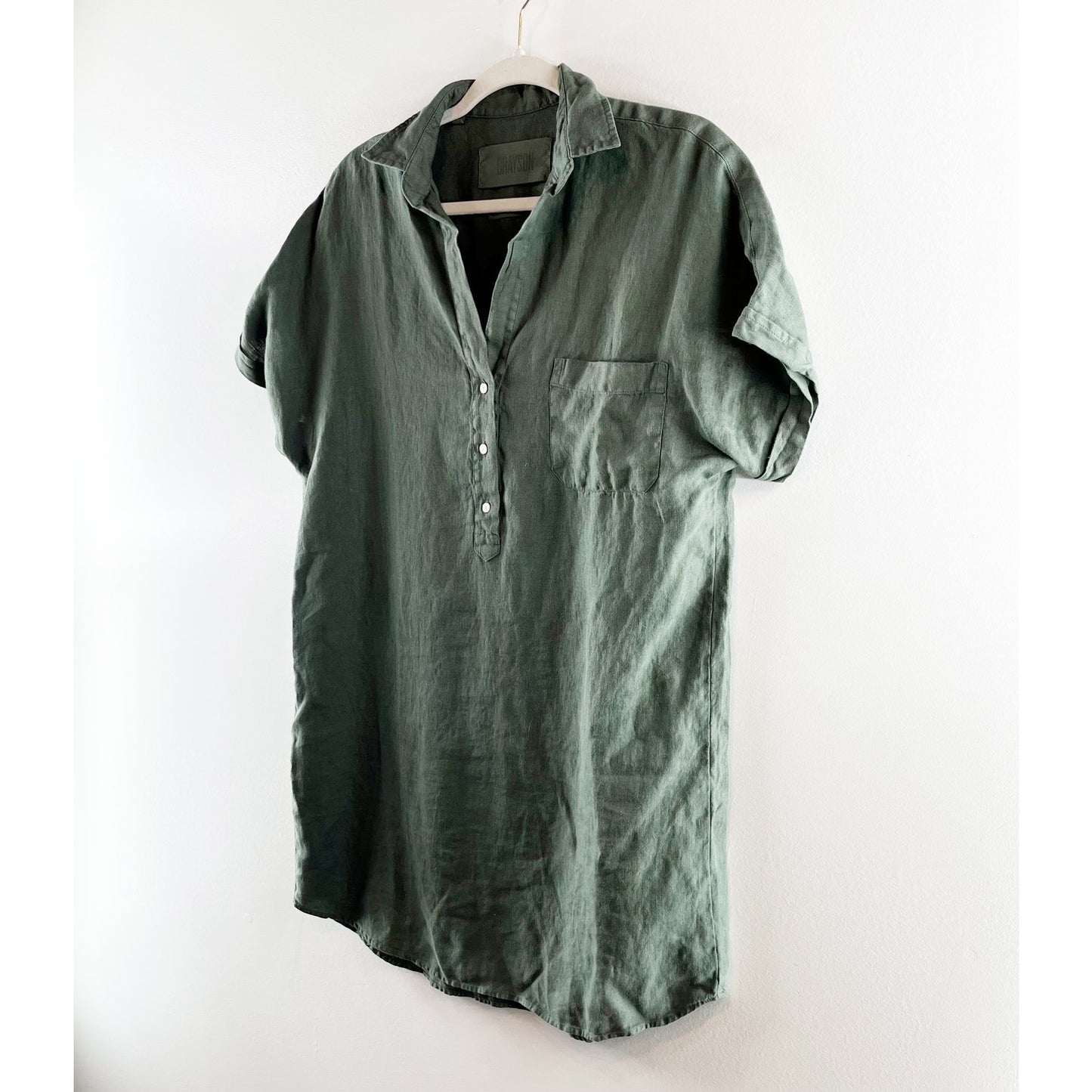Grayson Linen Short Sleeve Mini Shirt Dress Green 2 / Small