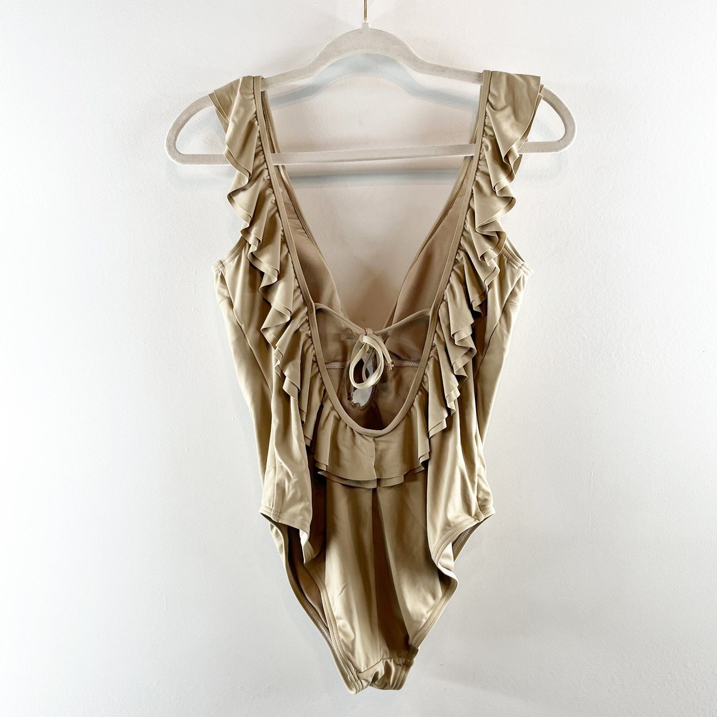 Michael Kors Plunge Ruffle Trim Open Back One Piece Swimsuit Gold Tan 14