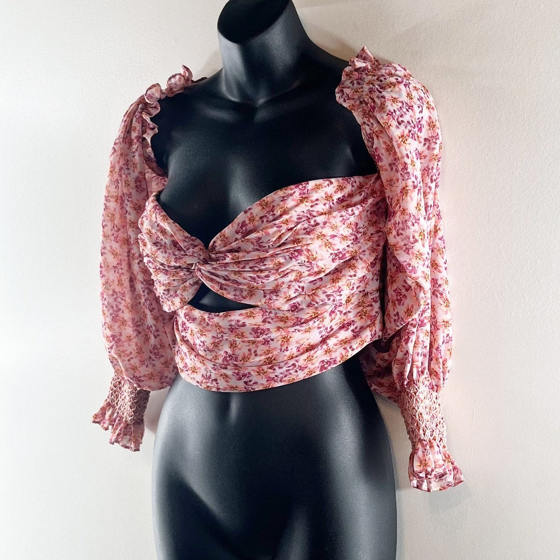 AMUR Hilda Floral Off-The-Shoulder Sweetheart Neck Crop Blouse Top Pink Large