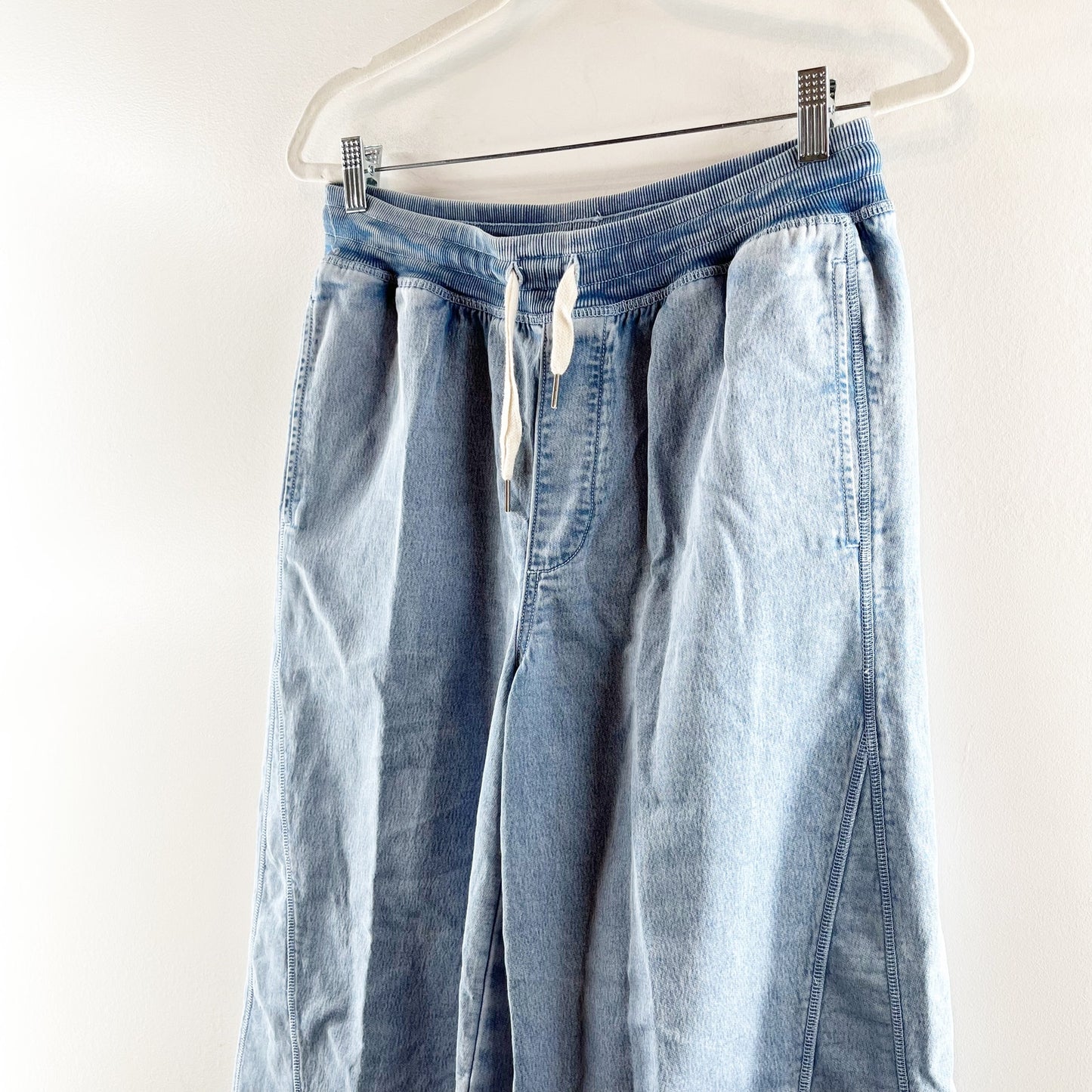 Aerie Soft Landing High Rise Wide Leg Raw Hem Trouser Pants Blue Denim Medium