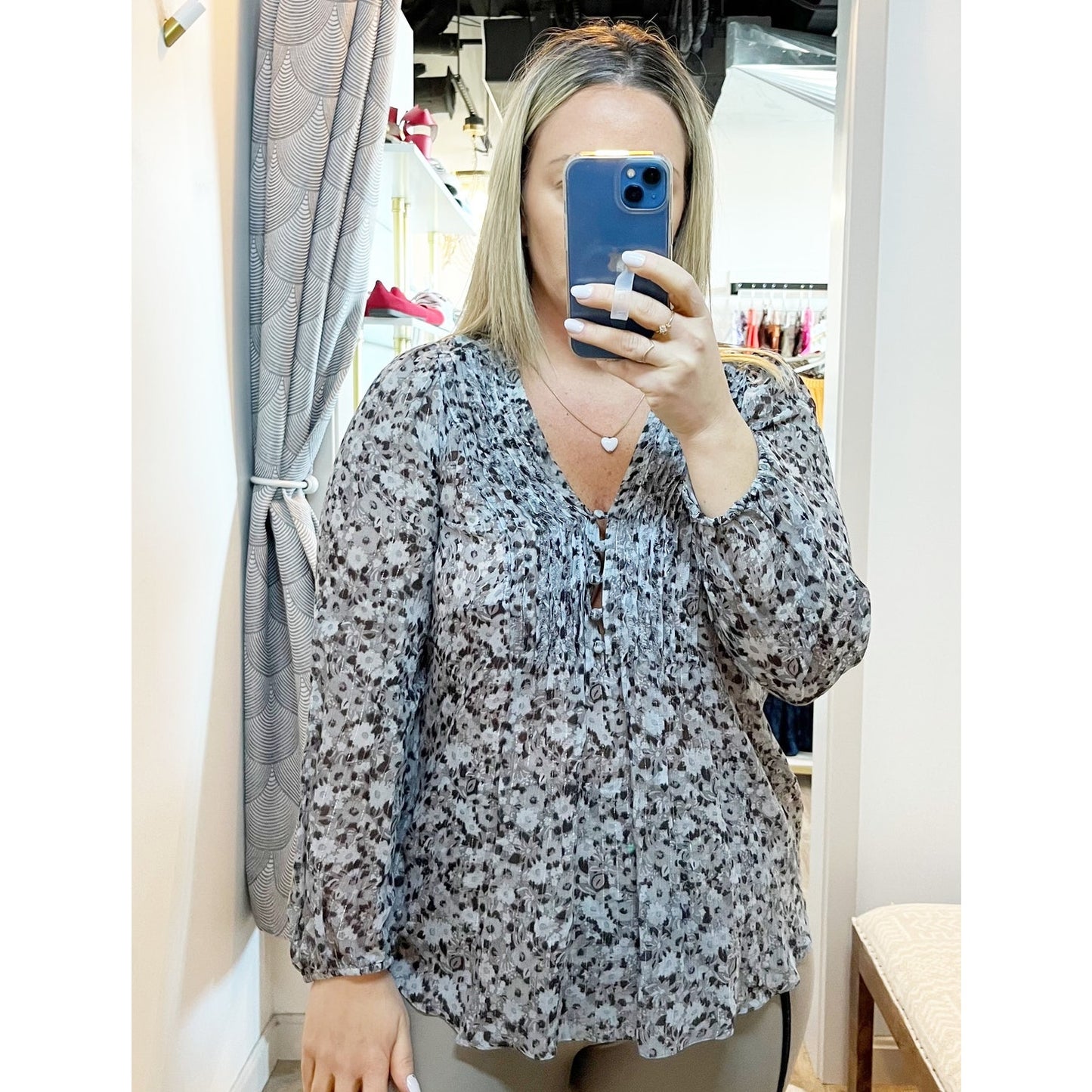 Rebecca Taylor Floral Print Long Sleeve Silk Blend Button Blouse Gray Medium