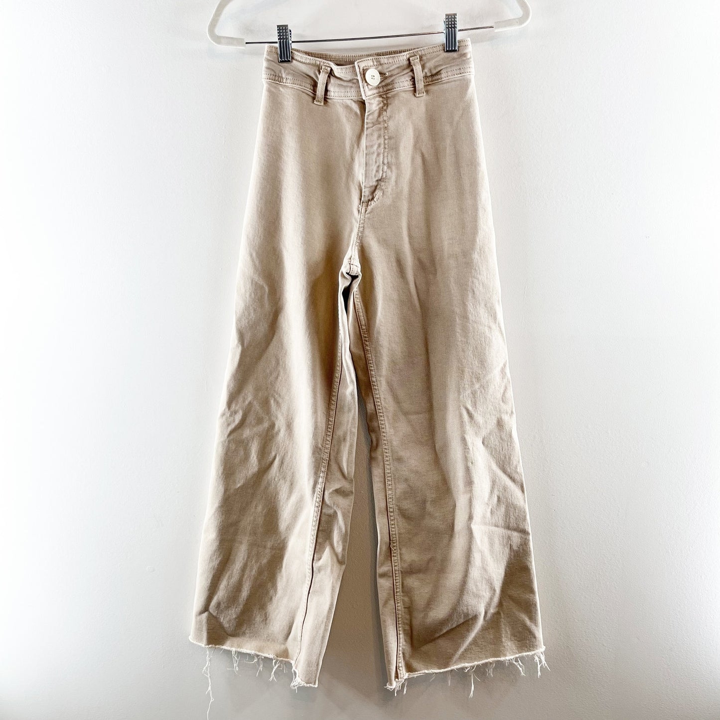 ZARA The Marine High Rise Wide Leg Raw Hem Pants Jeans Tan Khaki 2