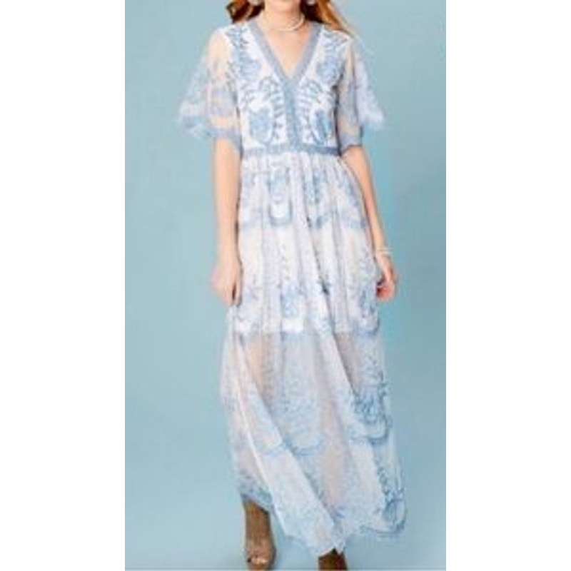 Altar'd State Short Sleeve Embroidered Sheer Boho Lace Catania Maxi Dress Blue S