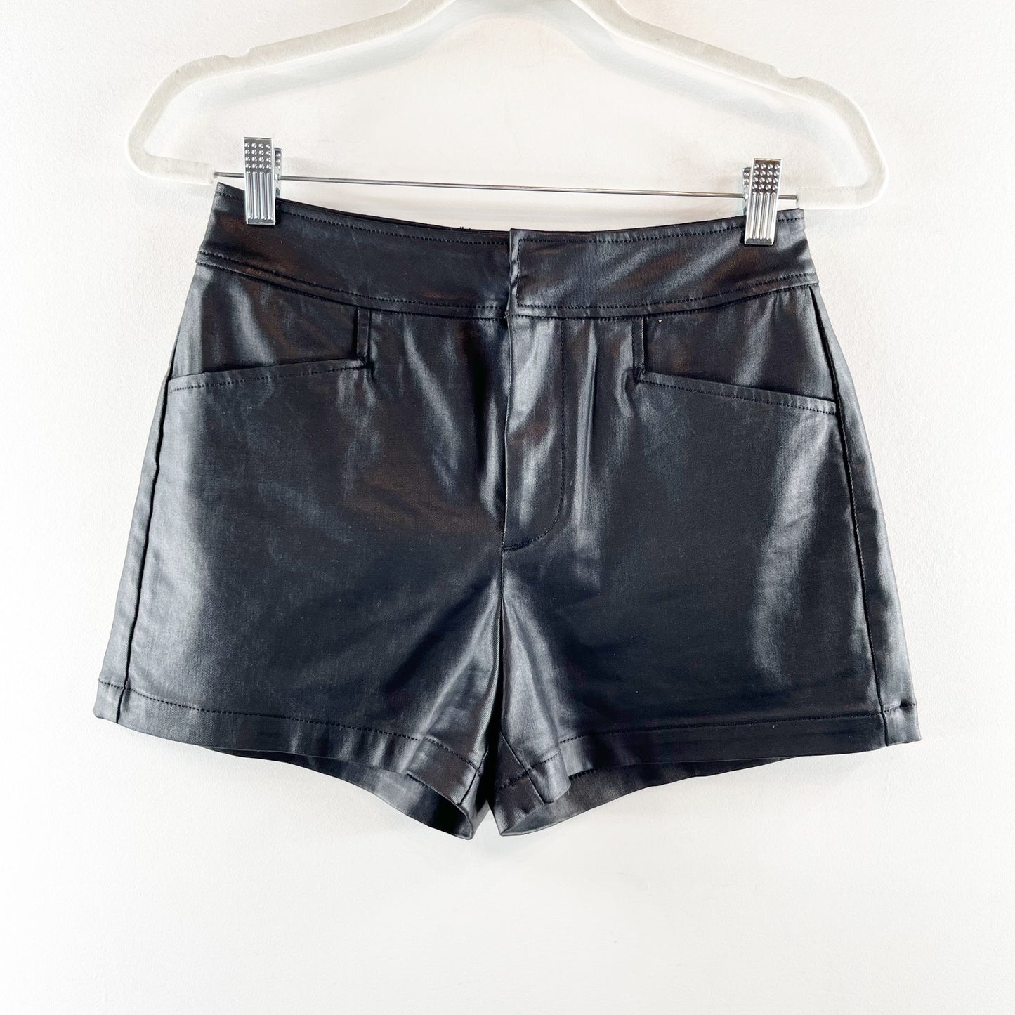 Sanctuary Coated Mya Faux Leather High Waisted Trouser Shorts Black 27