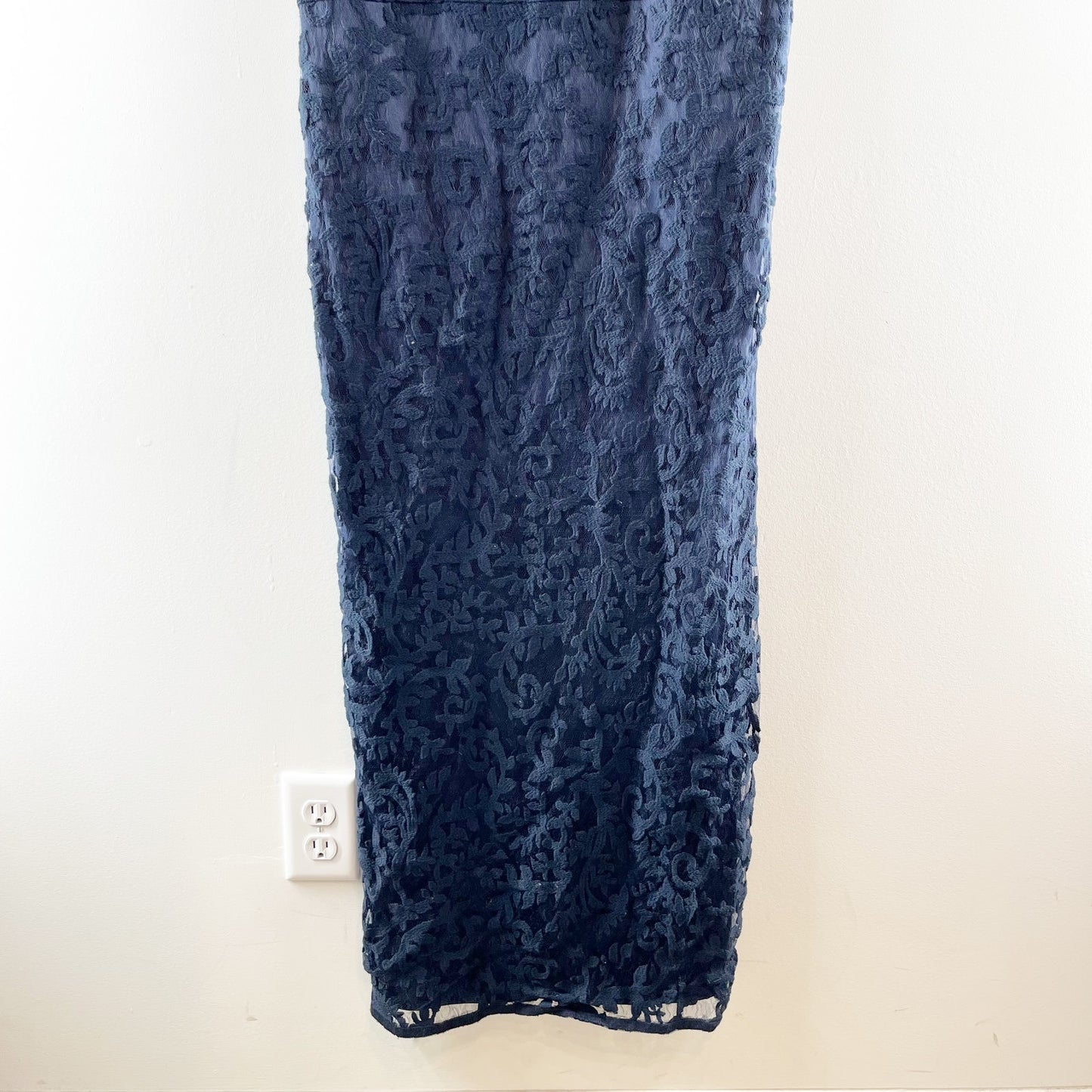 Tadashi Shoji Embroidered Banded Lace Maxi Length Gown Dress Navy Blue 4