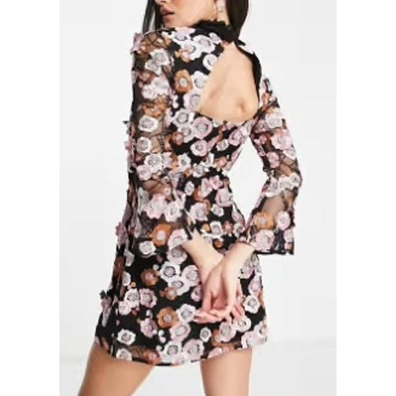 French Connection 3D Floral Applique Mini Dress Pink Black 4