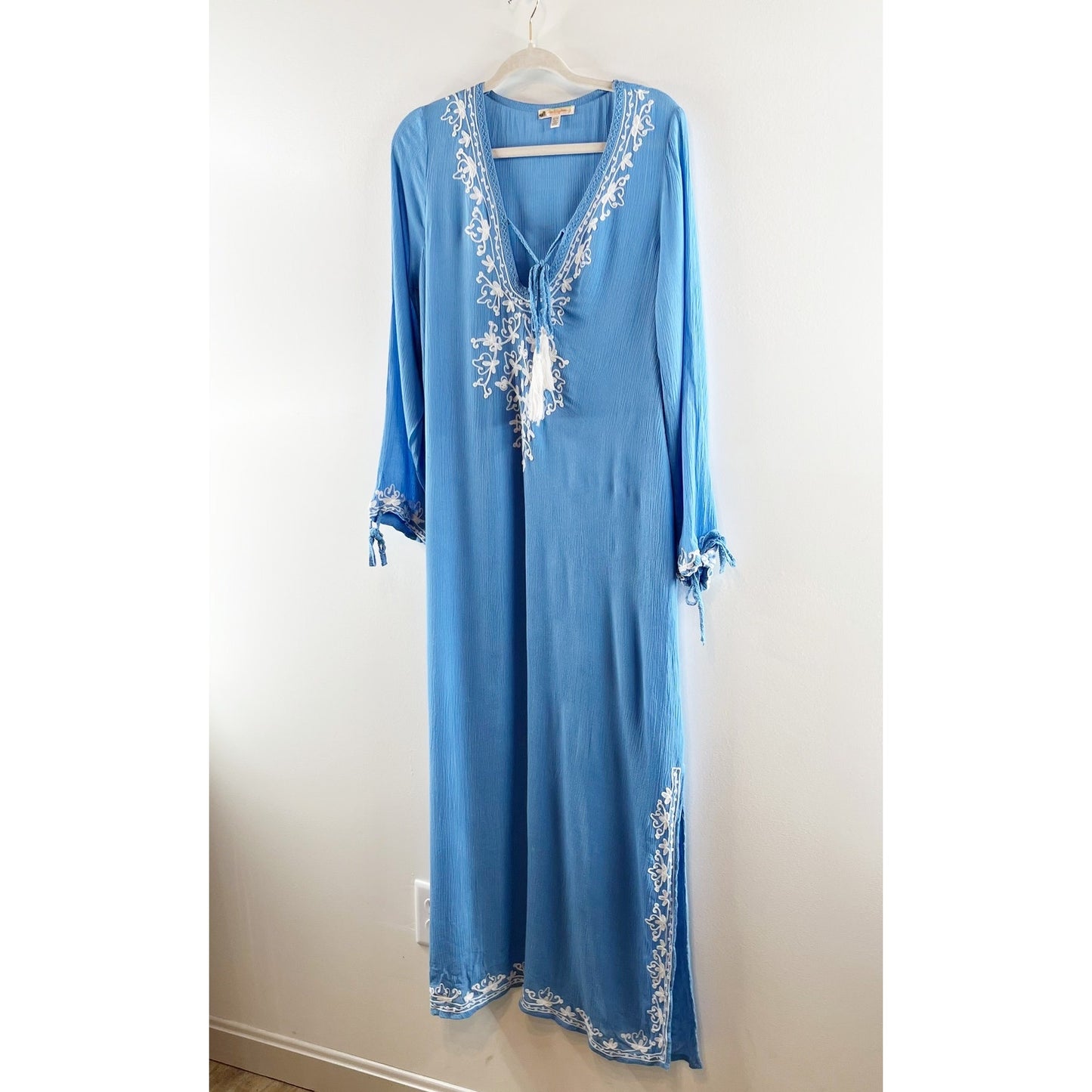 Rise and Bloom Embroidered Long Sleeve Tie Neck Maxi Dress Blue Medium