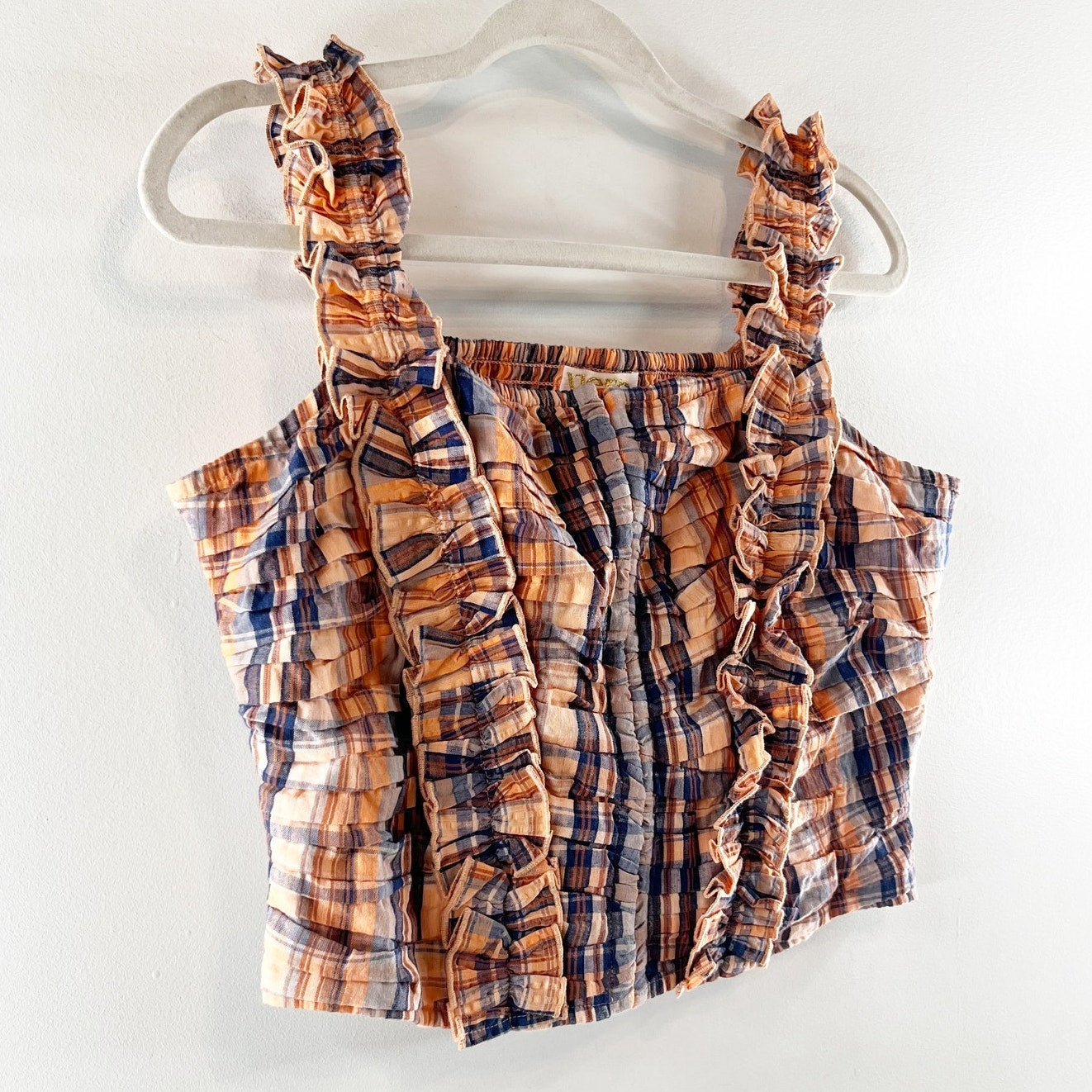 Verb Anthropologie Square Neck Ruffle Plaid Crop Tank Top Orange Blue Medium