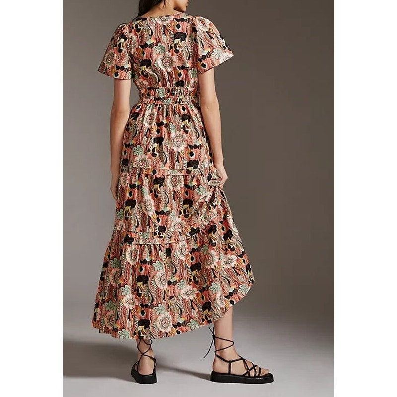 Maeve Anthropologie The Somerset Short Sleeve Cotton Maxi Dress Floral Brown XS