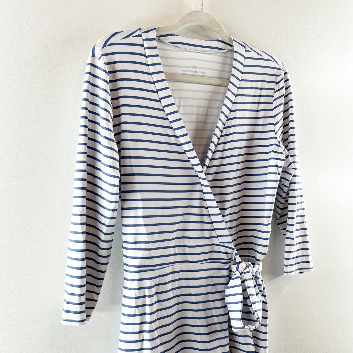 Southern Tide 3/4 Sleeve Moira Striped Wrap Romper One Piece White Blue Medium
