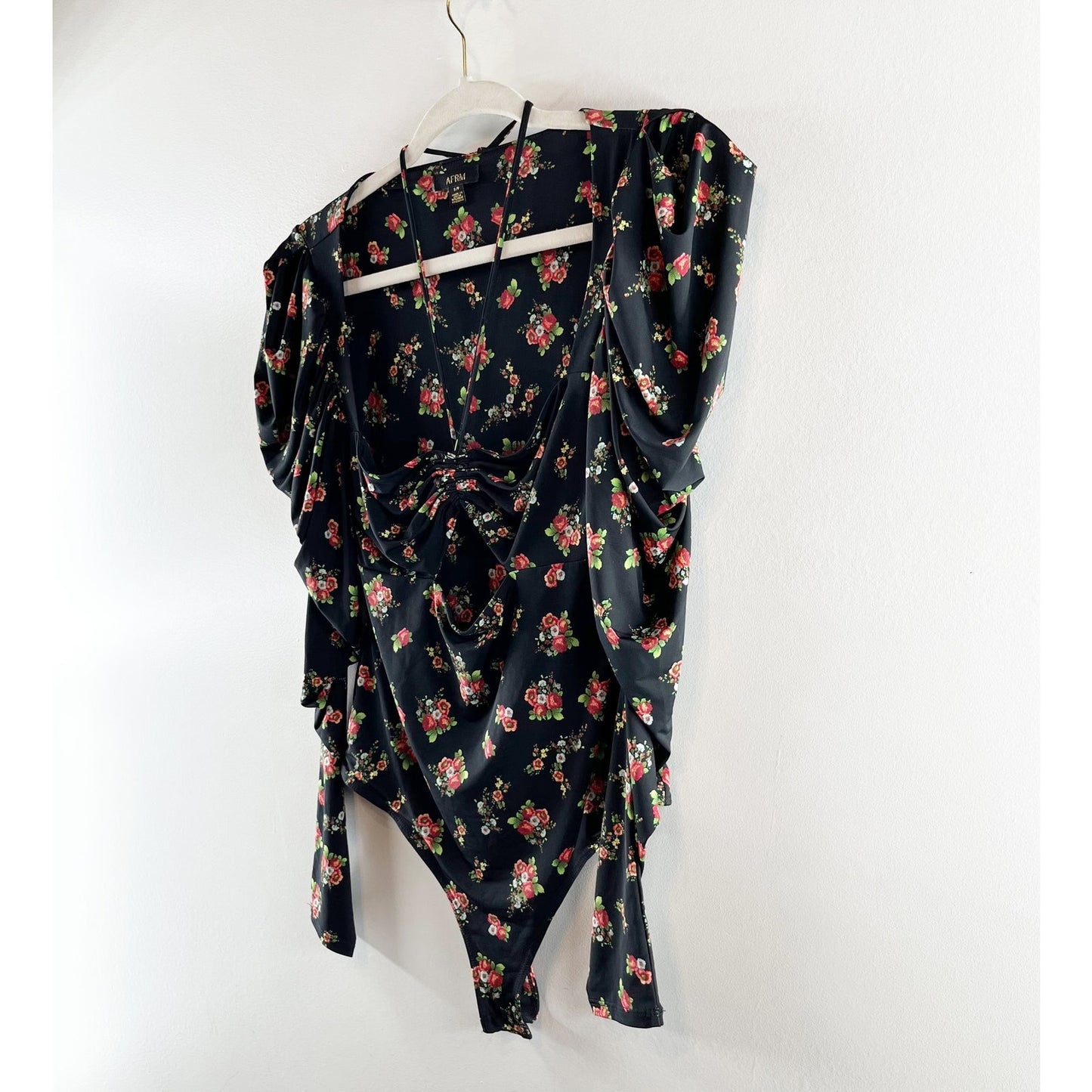 AFRM Coppelia Halter Neck Thong Bodysuit Noir Rose Garden Small